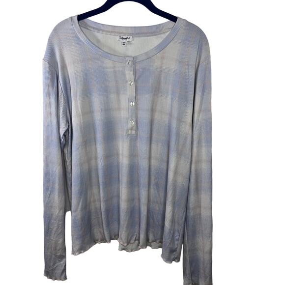 Splendid Juno Fuzzy Rib Henley Pastel Blue Pink Plaid Pajama Top Size XL - Picture 2 of 7